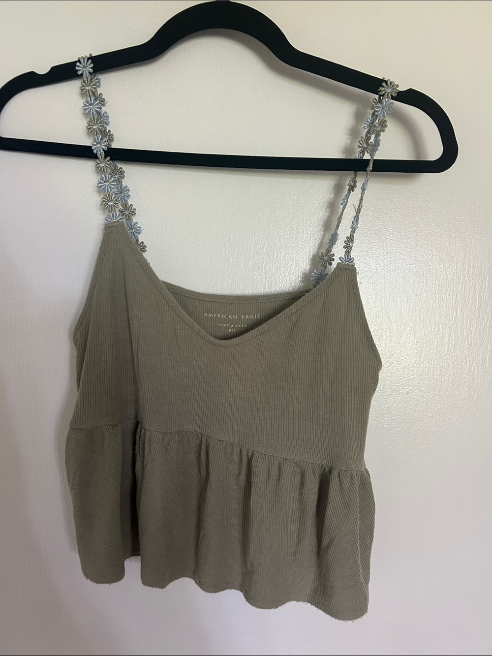 American Eagle Outfitters Olive Ribbed Peplum Cami with Floral Straps
